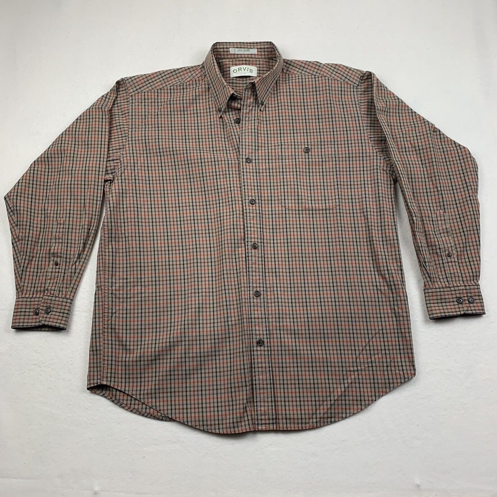 Vintage‎ Orvis Shirt Mens Large Check Cotton Brown  Red Blue Business Casual